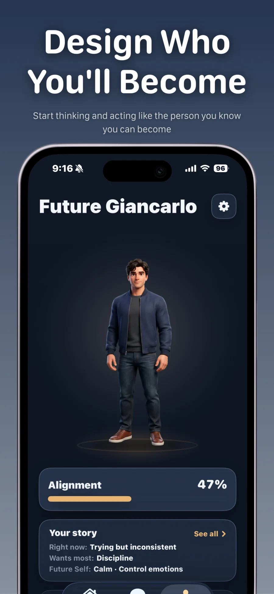 Design Who You'll Become: your Future Self as an avatar, with an alignment score and your story